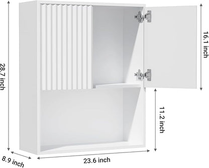 Fluted Bathroom Wall Cabinet Over the Toilet Storage,Wall Mounted Cabinet with Adjustable Shelf,Floating and Hanging Organizer,Kitchen and Laundry Room Storage (White,1 PC)