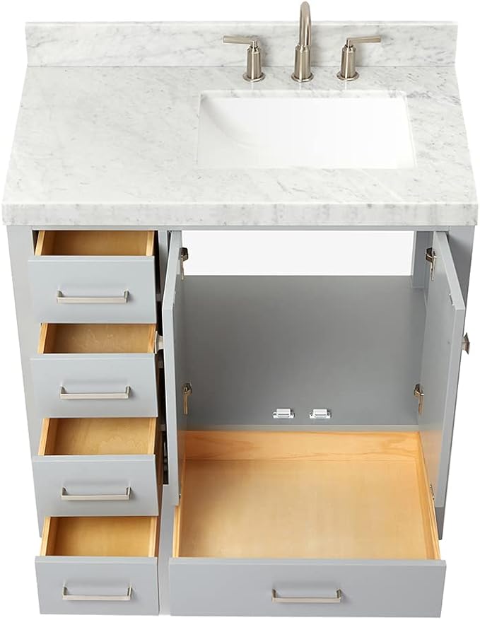 ARIEL Cambridge 36-inch Bathroom Vanity with Sink,Solid Wood, 2-inch Italian Carrara Marble Countertop, Single Rectangular Porcelain Sink, 2 Soft Closing Doors, 5 Dovetail Drawers, Grey