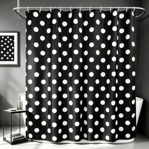 Polka Dots Shower Curtain, Black White Waterproof Fabric Shower Curtain for Bathroom with Modern Abstract Geometric Circle Bath Curtain Decor with Hooks, Machine Washable, 72''Wx96''L