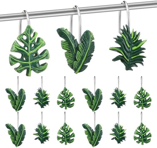 Amyhill 12 Pcs Tropical Leaf Decorative Shower Curtain Hooks Cute Green Monstera Deliciosa Leaves Curtain Rings Hanger Stainless Steel Resin Tropical Botanical Themed Hooks for Home Bathroom Decor