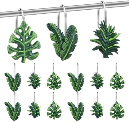 Amyhill 12 Pcs Tropical Leaf Decorative Shower Curtain Hooks Cute Green Monstera Deliciosa Leaves Curtain Rings Hanger Stainless Steel Resin Tropical Botanical Themed Hooks for Home Bathroom Decor