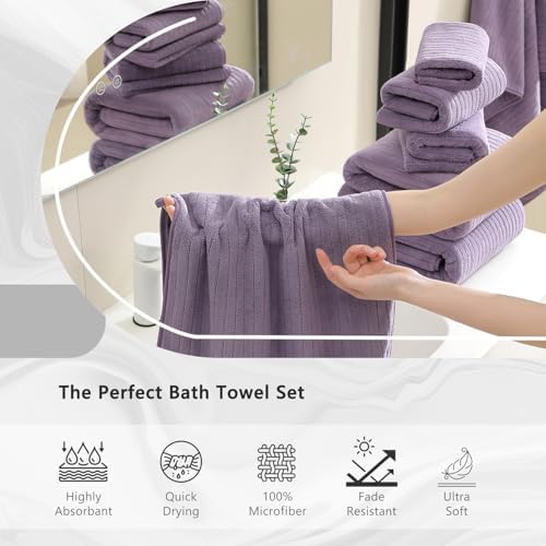 18 Piece Bath Towels Set,Soft Family Bathroom Towel Set with Hanging Loops-6 Bath Towels,6 Hand Towels,6 Washcloths,Highly Absorbent Quick Dry Shower Towel for Bathroom,Hotel,Spa-Purple Towel Set