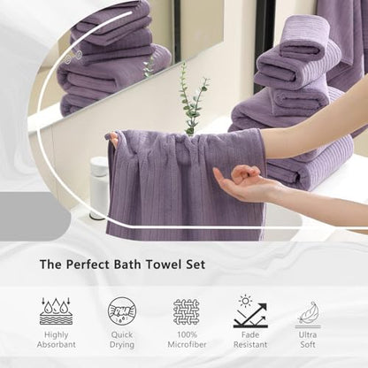 18 Piece Bath Towels Set,Soft Family Bathroom Towel Set with Hanging Loops-6 Bath Towels,6 Hand Towels,6 Washcloths,Highly Absorbent Quick Dry Shower Towel for Bathroom,Hotel,Spa-Purple Towel Set