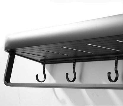 Modern Double Layer Bathroom Storage Shelves and One Towel Bar and 5 Moveable Hooks, Wall Mounted Black Aluminum Towel Holders Towel Rack, Bath/Kitchen Storage Shelf (Black-15.7Inches)