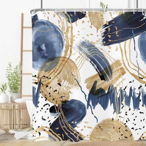deFouliao Boho Shower Curtain, Mid Century Abstract Blue Gold Waterproof Shower Curtain for Bathroom Bathtub Home Curtain Decor, Washable with Hooks, 48Wx72L