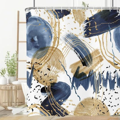 deFouliao Boho Shower Curtain, Mid Century Abstract Blue Gold Waterproof Shower Curtain for Bathroom Bathtub Home Curtain Decor, Washable with Hooks, 36Wx72L