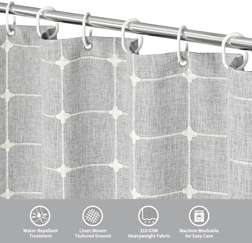 Boho Farmhouse Classic Plaid Linen Tassel Shower Curtain Light Grey,36x72