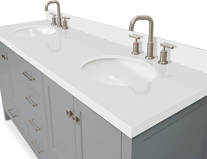 ARIEL Cambridge 72-inch Bathroom Vanity with Sink,Solid Wood, 1.5-inch Pure White Quartz Countertop & Backsplash, Double Oval Porcelain Sink, 4 Soft Closing Doors, 6 Dovetail Drawers, Grey