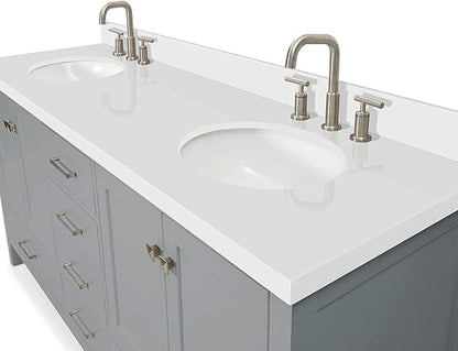 ARIEL Cambridge 72-inch Bathroom Vanity with Sink,Solid Wood, 1.5-inch Pure White Quartz Countertop & Backsplash, Double Oval Porcelain Sink, 4 Soft Closing Doors, 6 Dovetail Drawers, Grey