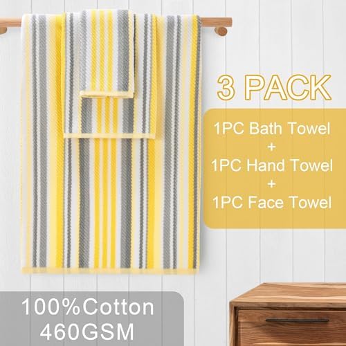 VOOVA & MOVAS Yellow Bathroom Towels 3 Pack, 100% Cotton, Gray Striped