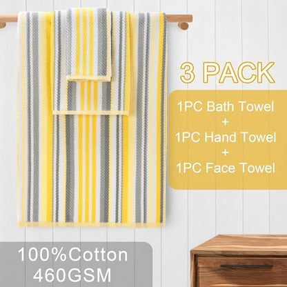 VOOVA & MOVAS Yellow Bathroom Towels 3 Pack, 100% Cotton, Gray Striped