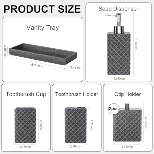 Bathroom Accessories Set Resin 6PCS, Square Toothbrush Holders Set Complete with Soap Dispenser, Vanity Tray, Tumbler, Cups and Cotton Swab Jars (Gray Diamond, Resin Bath 6 PCS)