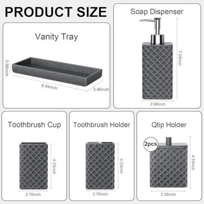 Bathroom Accessories Set Resin 6PCS, Square Toothbrush Holders Set Complete with Soap Dispenser, Vanity Tray, Tumbler, Cups and Cotton Swab Jars (Gray Diamond, Resin Bath 6 PCS)