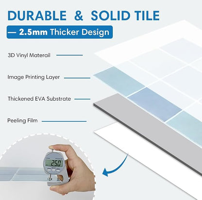 Thicker 3D Peel and Stick Backsplash Tiles, 10 Pcs 12" x 12" | Vintage Blue, Glossy Self Adhesive Backsplash Wall Sticker for Renter Friendly Bathroom DIY Wall Makeover, Cover 10 sq ft
