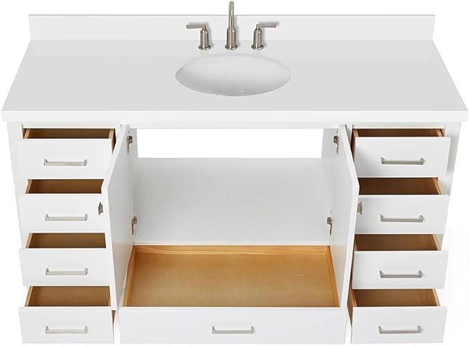 ARIEL Cambridge 60-inch Bathroom Vanity with Sink,Solid Wood, 1.5-inch Pure White Quartz Countertop & Backsplash, Single Oval Porcelain Sink, 2 Soft Closing Doors, 9 Dovetail Drawers, White