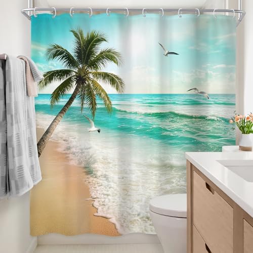 Ocean Coastal Beach Hawaiian Tropical Seagull Bathroom Shower Curtain Set