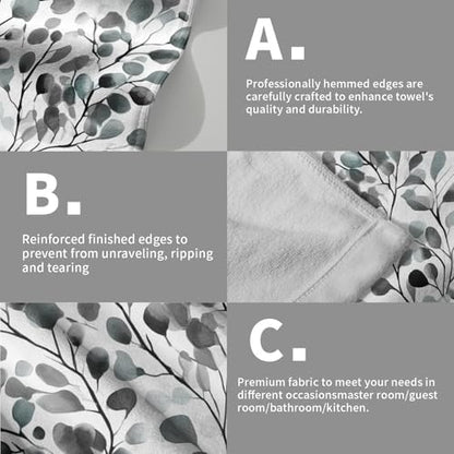 Grey Leaves Hand Towels Set of 2, 14x28 Inch Botanical Boho Gray Green Plant Leaf Absorbent Soft Fingertip Face Tea Towel Cloth for Kitchen Bathroom Gym Hotel Decor