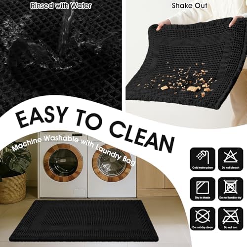 Upgraded Waffle Bath Mat Set 3 Piece Black-Looped, Super Absorbent Non-Slip Quick Dry Bathroom Rugs with Tassels, Machine Washable Ultra Soft Boho Bath Rugs for Floor, Toilet Mats Boho Farmhouse Decor