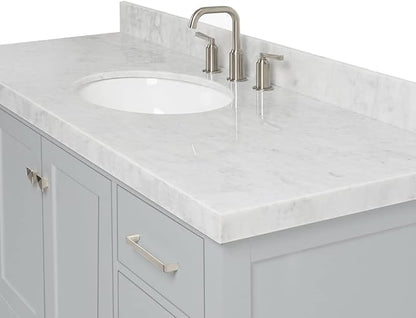 ARIEL Cambridge 54-inch Bathroom Vanity with Sink,Solid Wood, 1.5-inch Italian Carrara Marble Countertop & Backsplash, Single Oval Porcelain Sink, 2 Soft Closing Doors, 9 Dovetail Drawers, White
