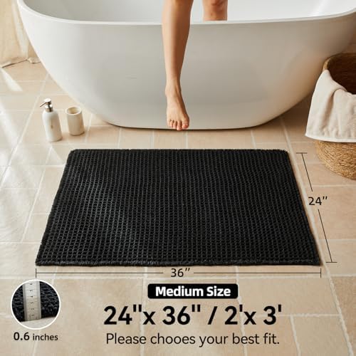 Triohero Black Waffle Bath Mat, Boho Bathroom Rugs Non Slip Washable, 24x36