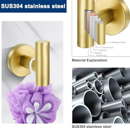 5 Pieces Bathroom Hardware Accessories Set Brushed Gold, 24Inch Bathroom Towel Rack Set SUS304 Stainless Steel, Round Toilet Paper Holder Heavy Duty, Wall Mounted