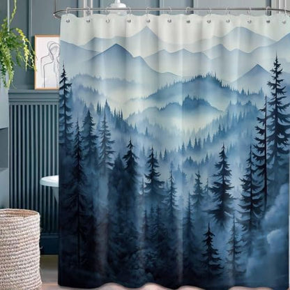 Navy Blue Forest Extra Long Shower Curtain, Tall 72X78 in, Mountain