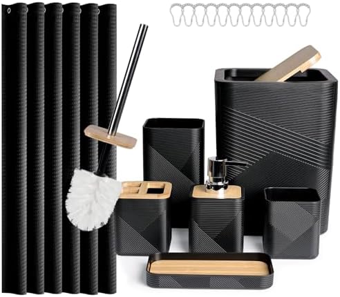 CERBIOR Bamboo Bathroom Accessory Set with Shower Curtain,Black,20PCS