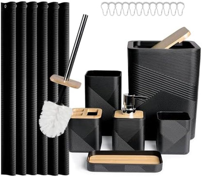 CERBIOR Bamboo Bathroom Accessory Set with Shower Curtain,Black,20PCS
