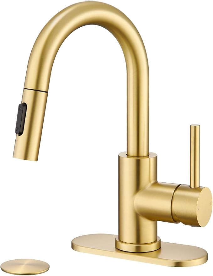 Gold Bathroom Sink Faucet with Pull Down Sprayer | 2 Mode Sprayer, with Deck Plate for 1 or 3 Hole, 360° Swivel, with Pop Up Drain for Vanity Bar RV Basin Laundry Kitchen