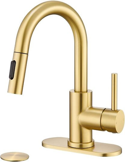 Gold Bathroom Sink Faucet with Pull Down Sprayer | 2 Mode Sprayer, with Deck Plate for 1 or 3 Hole, 360° Swivel, with Pop Up Drain for Vanity Bar RV Basin Laundry Kitchen