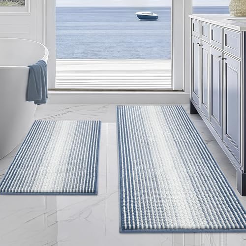 BSICPRO Bathroom Rugs Sets 2 Piece, Non Slip Striped Bath Mats, Fog Blue