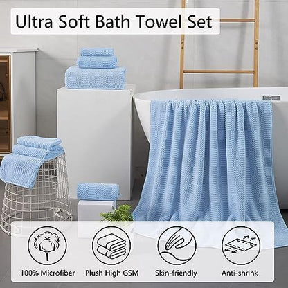 8 Pcs Blue Oversized Bath Towel Set-2 Extra Large Bath Sheets,2 Hand Towels,4 Washcloths Soft Bathroom Towels Highly Absorbent Quick Dry Beach Chair Towels Woven Towels for Hotel and Spa