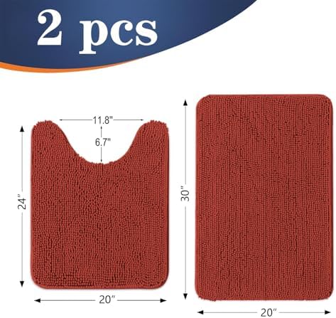OLANLY Chenille Bath Rugs Sets 2 Piece, 30"x20"+24"x20", Rustic Terracotta