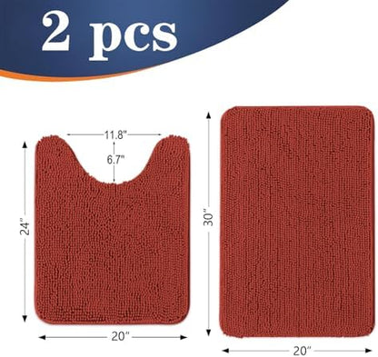 OLANLY Chenille Bath Rugs Sets 2 Piece, 30"x20"+24"x20", Rustic Terracotta