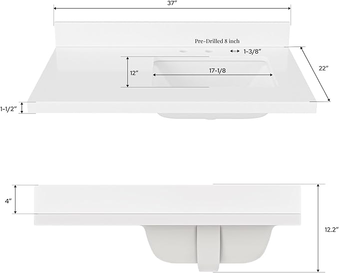 ARIEL 37 inch Bathroom Vanity top with Sink, 1.5 Inch Thick Miter Edge White Quartz top, Right Offset Vanity top with Rectangle Porcelain Sink, Includes Backsplash