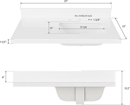 ARIEL 37 inch Bathroom Vanity top with Sink, 1.5 Inch Thick Miter Edge White Quartz top, Right Offset Vanity top with Rectangle Porcelain Sink, Includes Backsplash