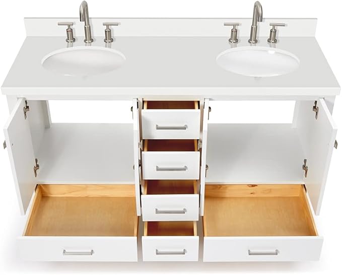ARIEL Cambridge 60-inch Bathroom Vanity with Sink,Solid Wood, 1.5-inch Pure White Quartz Countertop & Backsplash, Double Oval Porcelain Sink, 4 Soft Closing Doors, 6 Dovetail Drawers, White