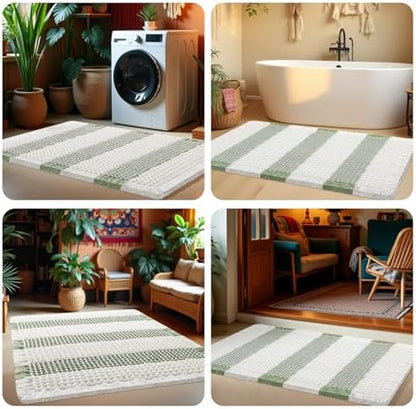 Upgrade Waffle Bath Mat, Boho Bathroom Rugs Absorbent Non Slip, Ultra Soft Bathroom Mat, Machine Washable Knit Bath Rugs with Stripe for Bathroom, Bedroom, Kitchen, Tub, 24"x17", Light Green & White