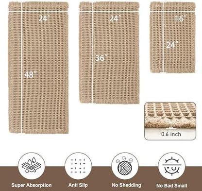 JIUZHEN Set of 3 Waffle Bathroom Rugs Boho Bath Mat 16"x24"+24"x36"+24"x48"