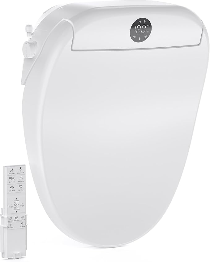 Bidet Toilet Seat Round, Electric Bidet Seat for Bathroom 225D | with Instant Warm Water, Warm Air Dryer, Self-Cleaning Nozzle, Soft Close Lid, Night Light
