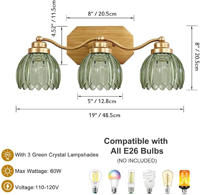 Gold Vanity Light, Vintage Tulip Green Glass Shade, Antique Brass Finish | 3 Light Brushed Gold Bathroom Light Fixtures, Crystal Wall Sconce, Mounted Over Mirror for Bedroom Hallway, Easy to Install