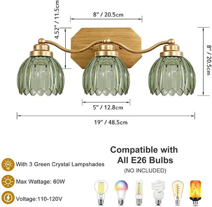 Gold Vanity Light, Vintage Tulip Green Glass Shade, Antique Brass Finish | 3 Light Brushed Gold Bathroom Light Fixtures, Crystal Wall Sconce, Mounted Over Mirror for Bedroom Hallway, Easy to Install