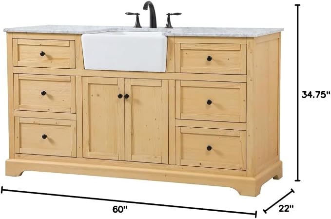 60" Pre-Assembled Bathroom Vanity with Sink, Solid Birch and MDF, Carrara White Marble Countertop Attached, Single Rectangle Porcelain Sink, 6 Soft-Close Drawers, Natural Wood