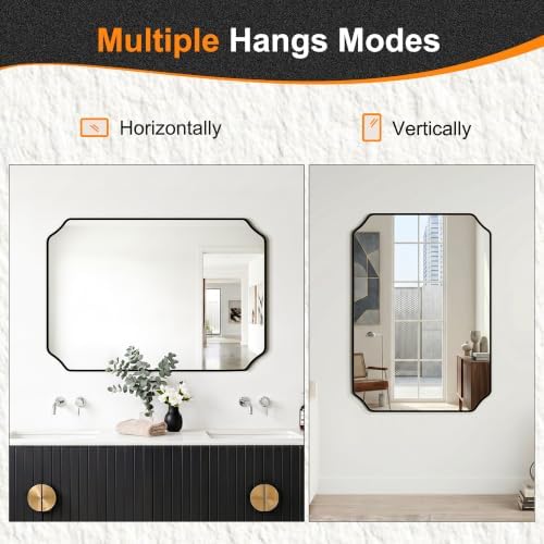 Delma Bathroom Vanity Mirror, Black Framed Aluminum Bathroom Mirror for Over Sink, Scalloped Round Corner Wall Mirror, High-Definition Vanity Mirror, Hangs Horizontally or Vertically (40x28,Black)