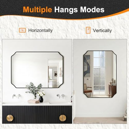 Delma Bathroom Vanity Mirror, Black Framed Aluminum Bathroom Mirror for Over Sink, Scalloped Round Corner Wall Mirror, High-Definition Vanity Mirror, Hangs Horizontally or Vertically (40x28,Black)