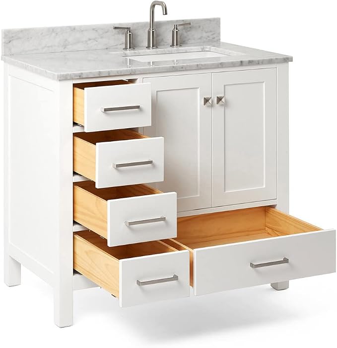 ARIEL Cambridge 36-inch Bathroom Vanity with Sink,Solid Wood, 0.75-inch Italian Carrara Marble Countertop, Single Rectangular Porcelain Sink, 2 Soft Closing Doors, 5 Dovetail Drawers, White