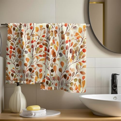 Leaves Floral Hand Towels 14x28 Inch 2Pcs Pack Orange Color Boho Floral Absorbent Soft Fingertip Tea Towel Dish Towel Cloth for Sports Gym Yoga Kitchen Bathroom Home Decor