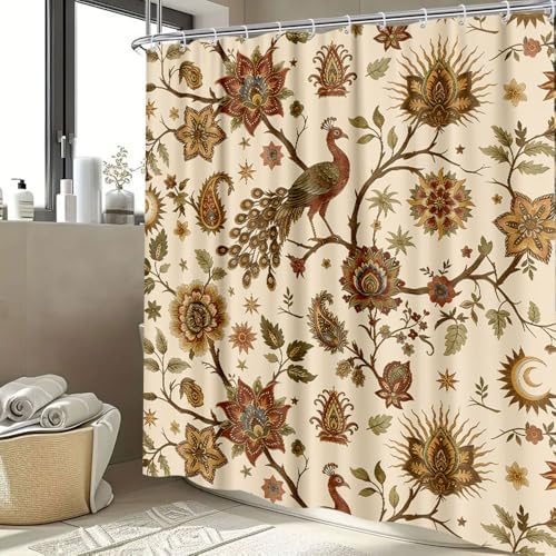 Boho Chic Beige Floral Shower Curtain, Vintage Rustic Antique Victorian Peacock Paisley Farmhouse Shower Curtain Set, Witchy Aesthetic Retro Bath Curtains Bathroom Accessories with Hooks,72X72 Cream