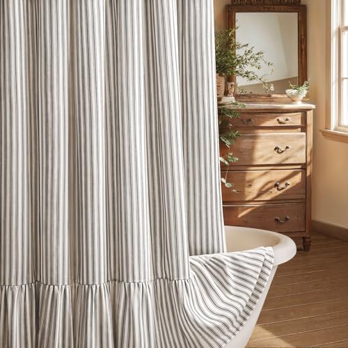Farmhouse Shower Curtain Ruffle Linen Cream-Black Stripe 48"W x 72"L