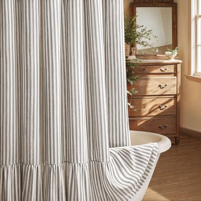 Farmhouse Shower Curtain Ruffle Linen Cream-Black Stripe 48"W x 72"L